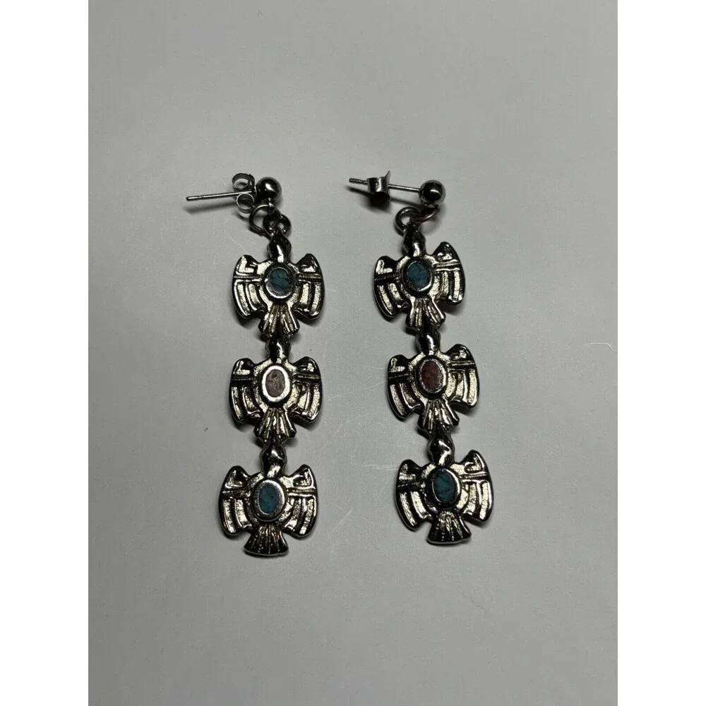 Triple Thunderbird Stacked Navajo Earrings Dangle Native Sterling 925